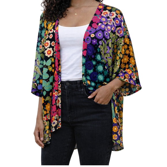 LuLaRoe Sweaters - LuLaRoe Shirley Kimono Women L Multicolor Floral Patchwork Open Front Cardigan